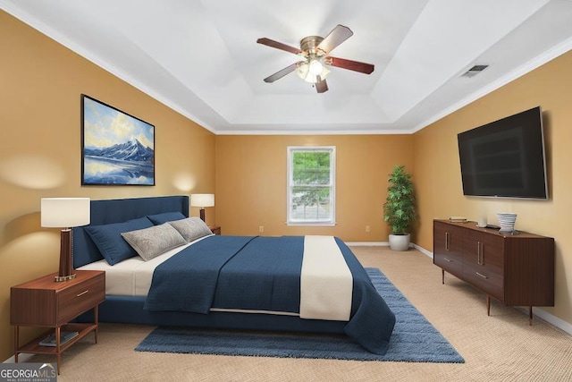 10044 Point View Dr, Jonesboro, GA 30238 - bedroom with visible vents, baseboards, light colored carpet, a raised ceiling, and a ceiling fan