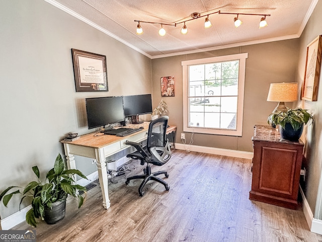 112 Little River Ct, Eatonton, GA 31024 - home office with wood finished floors, a textured ceiling, and ornamental molding