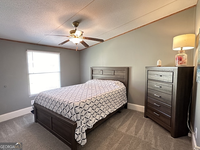 112 Little River Ct, Eatonton, GA 31024 - bedroom with a textured ceiling, ceiling fan, dark carpet, and baseboards