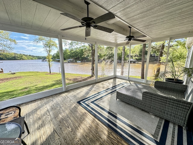 112 Little River Ct, Eatonton, GA 31024 - sunroom / solarium with a ceiling fan and a water view