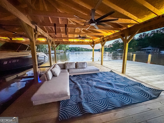 112 Little River Ct, Eatonton, GA 31024 - exterior space featuring ceiling fan, a water view, a boat dock, and boat lift