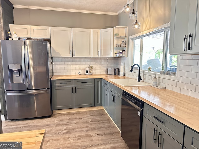 112 Little River Ct, Eatonton, GA 31024 - kitchen with butcher block countertops, dishwasher, a sink, gray cabinetry, and stainless steel refrigerator with ice dispenser