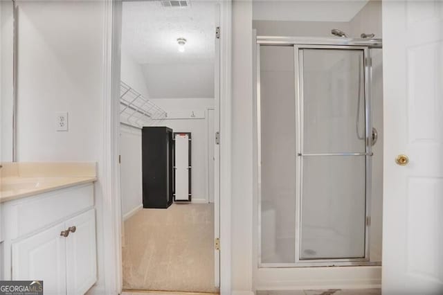full bathroom featuring vanity and a shower stall