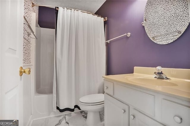 full bathroom with shower / tub combo, marble finish floor, toilet, and vanity