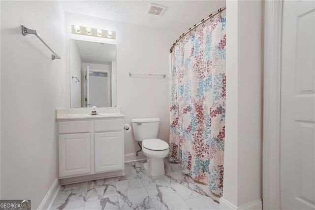bathroom featuring vanity, marble finish floor, a shower with curtain, toilet, and visible vents