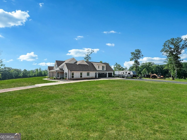 view of front of property with a garage, a playground, driveway, and a front yard