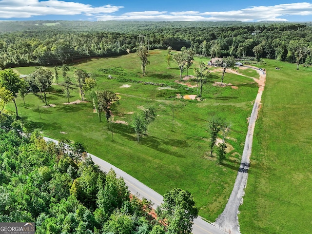 aerial view featuring a view of trees and a rural view