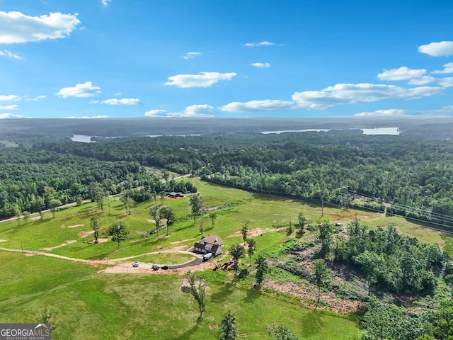birds eye view of property featuring a view of trees and a rural view