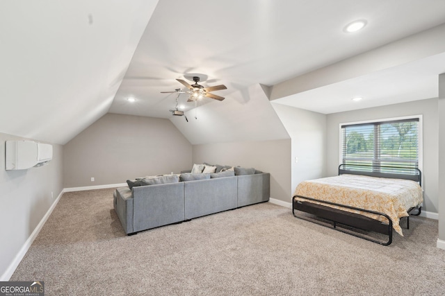 carpeted bedroom with lofted ceiling, baseboards, recessed lighting, a wall unit AC, and a ceiling fan