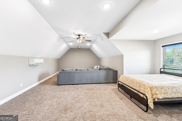 carpeted bedroom featuring recessed lighting, a wall mounted air conditioner, baseboards, and a ceiling fan