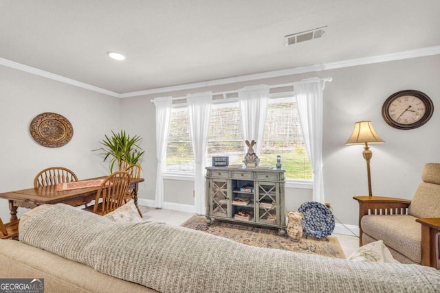 84 Weatherly Rd, Clarkesville, GA 30523 - living room featuring a healthy amount of sunlight, baseboards, ornamental molding, carpet flooring, and visible vents