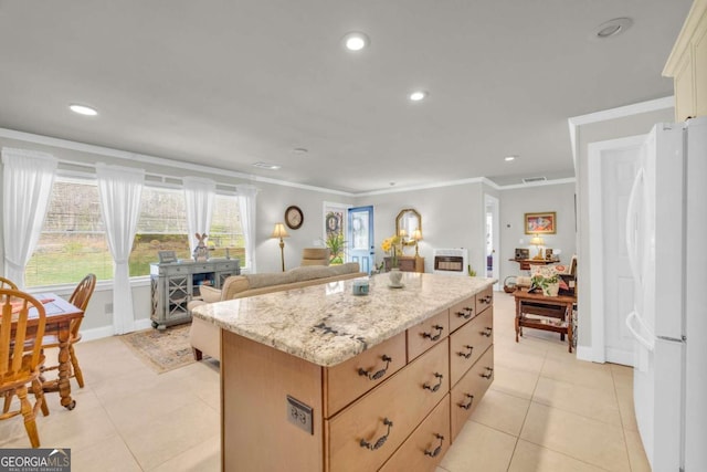 84 Weatherly Rd, Clarkesville, GA 30523 - kitchen featuring recessed lighting, ornamental molding, and freestanding refrigerator