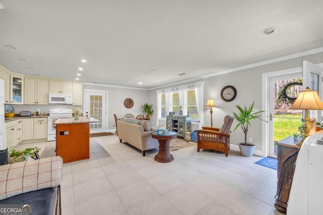 84 Weatherly Rd, Clarkesville, GA 30523 - living room featuring recessed lighting, light tile patterned flooring, baseboards, and ornamental molding
