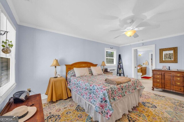 84 Weatherly Rd, Clarkesville, GA 30523 - bedroom featuring ceiling fan, ensuite bathroom, and ornamental molding