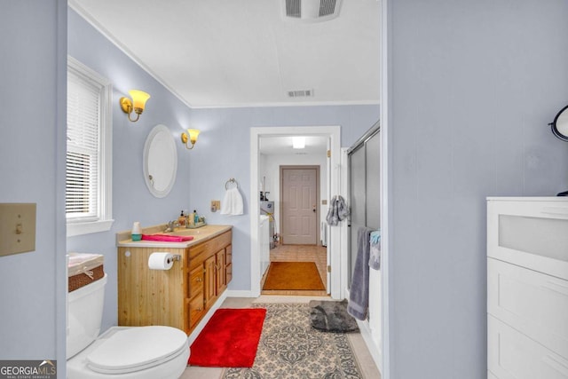 84 Weatherly Rd, Clarkesville, GA 30523 - bathroom with visible vents, ornamental molding, vanity, and a stall shower