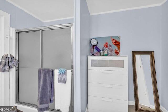 84 Weatherly Rd, Clarkesville, GA 30523 - bathroom with baseboards, an enclosed shower, and ornamental molding