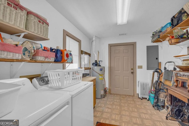 84 Weatherly Rd, Clarkesville, GA 30523 - laundry area featuring washing machine and clothes dryer, electric panel, gas water heater, radiator, and laundry area