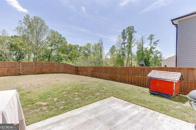 view of yard with a fenced backyard, an outdoor structure, a patio, and a storage unit