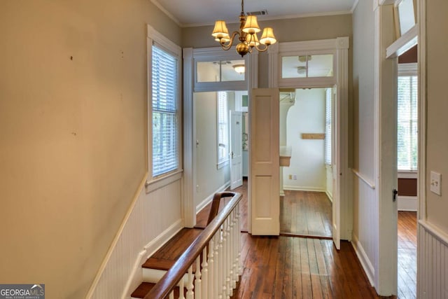 interior space with crown molding, an inviting chandelier, dark wood-type flooring, and a healthy amount of sunlight