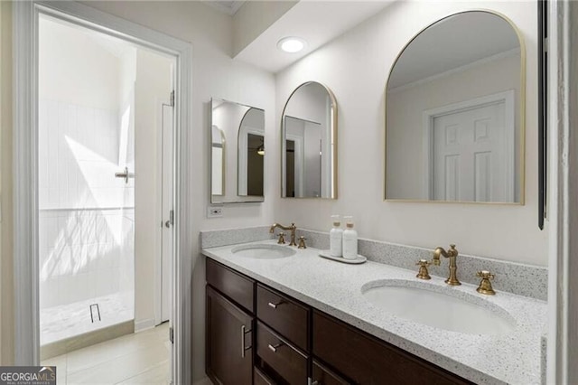 1420 Defoors Dr NW, Atlanta, GA 30318 - full bath featuring ornamental molding, a sink, and double vanity