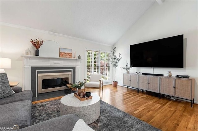 1420 Defoors Dr NW, Atlanta, GA 30318 - living room with high vaulted ceiling, crown molding, wood finished floors, a glass covered fireplace, and baseboards