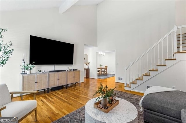 1420 Defoors Dr NW, Atlanta, GA 30318 - living area with visible vents, beamed ceiling, wood finished floors, and stairway