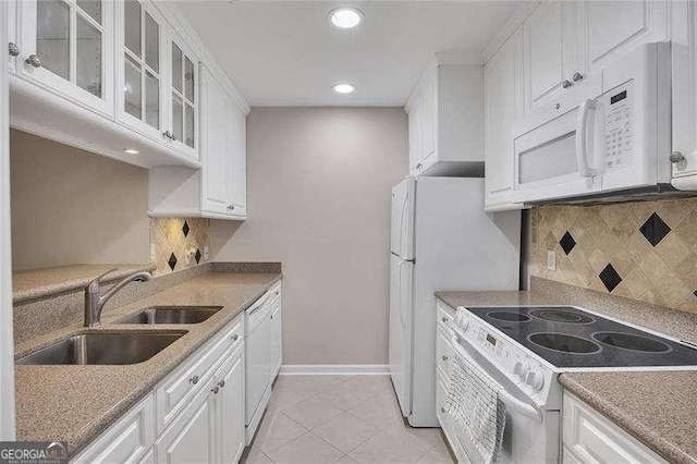 110 Barrington Hills Dr Unit 110, Atlanta, GA 30350 - kitchen with tasteful backsplash, a sink, white appliances, white cabinets, and recessed lighting