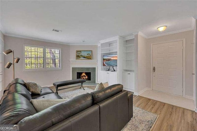 110 Barrington Hills Dr Unit 110, Atlanta, GA 30350 - living area with crown molding, baseboards, a lit fireplace, light wood-style flooring, and built in shelves