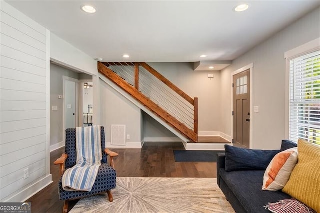 1535 Deerwood Dr, Decatur, GA 30030 - living room featuring recessed lighting, stairway, baseboards, and wood finished floors