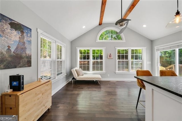 1535 Deerwood Dr, Decatur, GA 30030 - sitting room with lofted ceiling with beams, baseboards, recessed lighting, and dark wood-type flooring