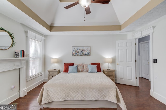 3095 Willow Park Dr, Dacula, GA 30019 - bedroom with wood finished floors, vaulted ceiling, baseboards, and ceiling fan