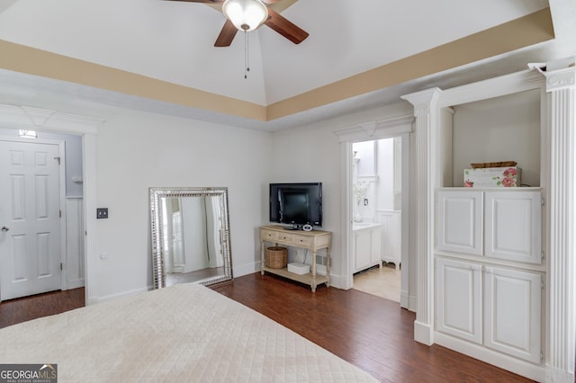 3095 Willow Park Dr, Dacula, GA 30019 - bedroom featuring ensuite bath, a ceiling fan, baseboards, and dark wood-style flooring
