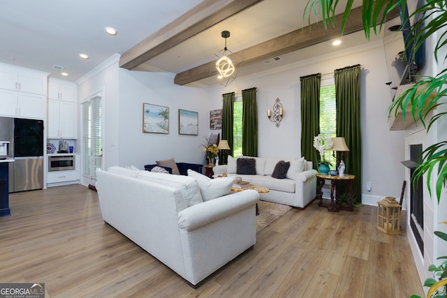 living area with beam ceiling, light wood-type flooring, and recessed lighting