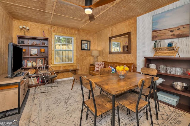 dining space featuring a ceiling fan, wooden ceiling, and wood walls