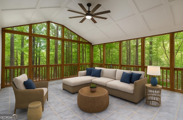 535 Emerald Pkwy, Sugar Hill, GA 30518 - sunroom with ceiling fan, vaulted ceiling, and outdoor lounge area