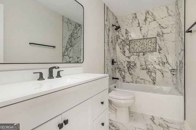 full bath with toilet, marble finish floor, vanity, a textured ceiling, and bathtub / shower combination