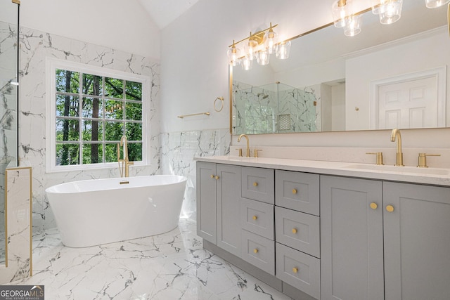 bathroom with double vanity, a marble finish shower, marble finish floor, and a sink