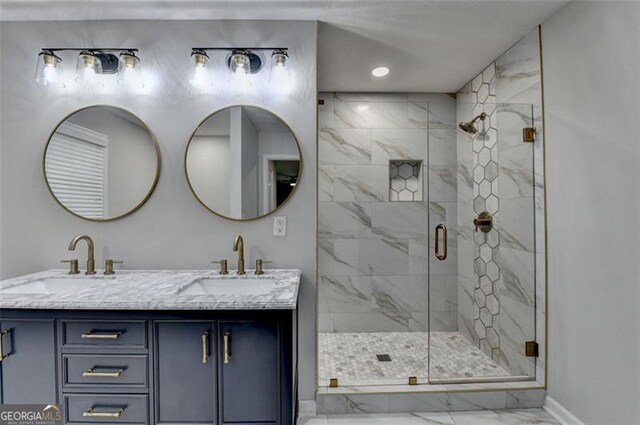 780 N Ola Rd, Mcdonough, GA 30252 - full bath with a shower stall, marble finish floor, baseboards, and a sink