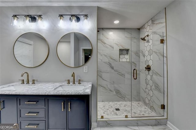 780 N Ola Rd, Mcdonough, GA 30252 - bathroom with marble finish floors, double vanity, a stall shower, and recessed lighting