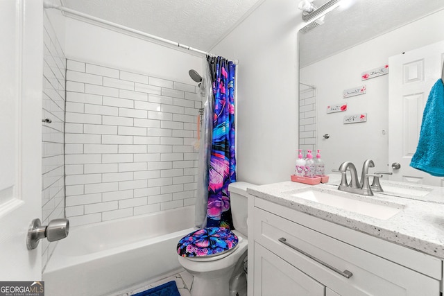 507 Lakeshore Dr, Stockbridge, GA 30281 - bathroom featuring toilet, shower / tub combo with curtain, vanity, and a textured ceiling