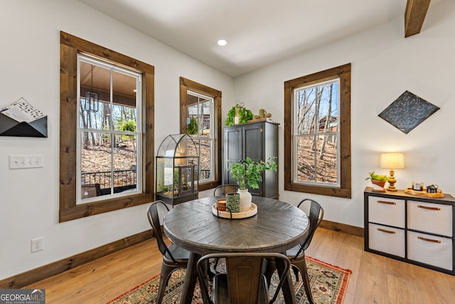 dining room featuring recessed lighting, light wood finished floors, and baseboards