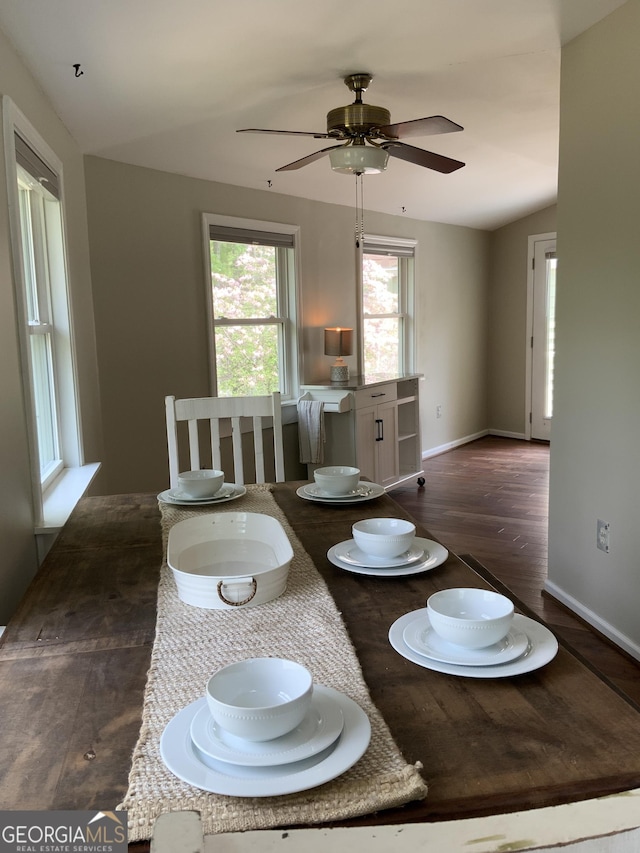 426 Shenendoa Dr, Ellijay, GA 30540 - dining room featuring dark wood-type flooring and a ceiling fan