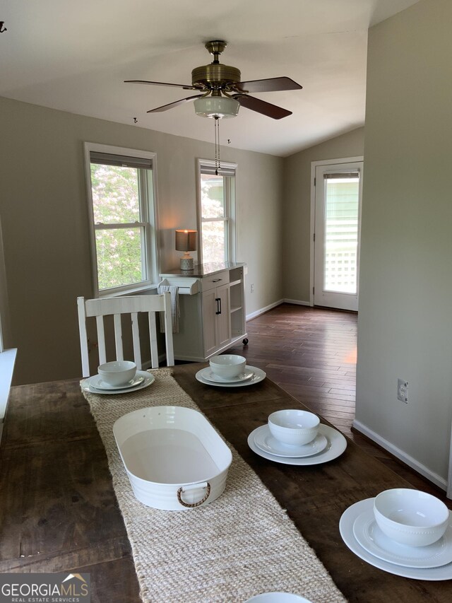 426 Shenendoa Dr, Ellijay, GA 30540 - dining area with healthy amount of natural light, dark wood-style floors, a ceiling fan, and lofted ceiling