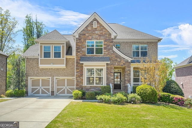 craftsman house with a front lawn, driveway, stone siding, an attached garage, and roof with shingles