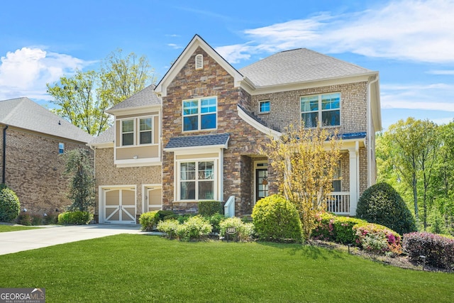 view of front of home featuring roof with shingles, stone siding, concrete driveway, a garage, and a front yard