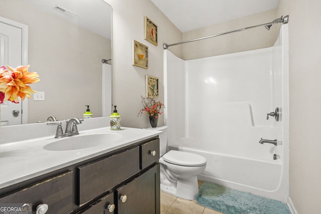 full bath featuring tile patterned floors, vanity,  shower combination, toilet, and visible vents