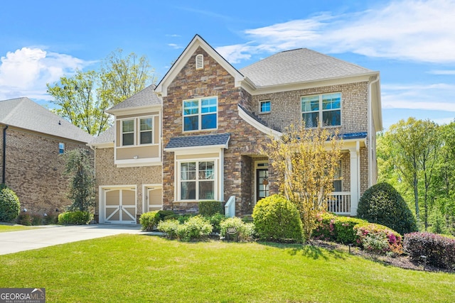 craftsman-style home with a shingled roof, driveway, stone siding, a front yard, and a garage