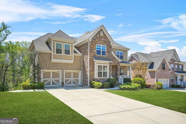 view of front of home featuring roof with shingles, a front lawn, concrete driveway, brick siding, and an attached garage