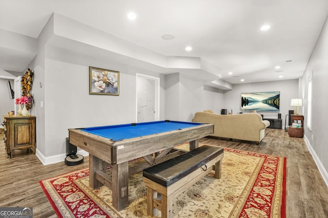 game room with baseboards, wood finished floors, and pool table