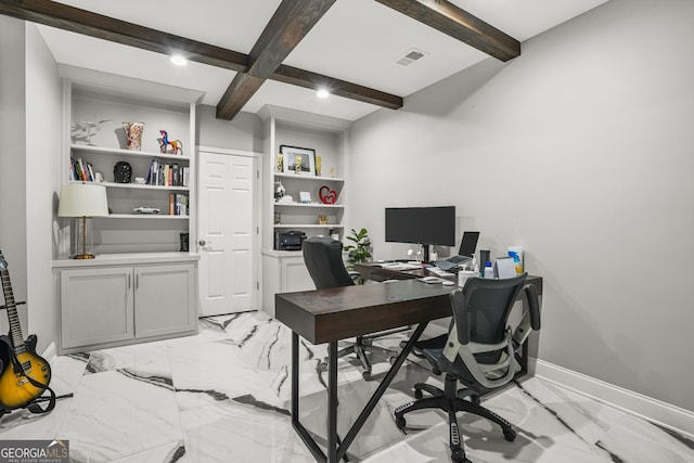 office area with marble finish floor, baseboards, beamed ceiling, and visible vents